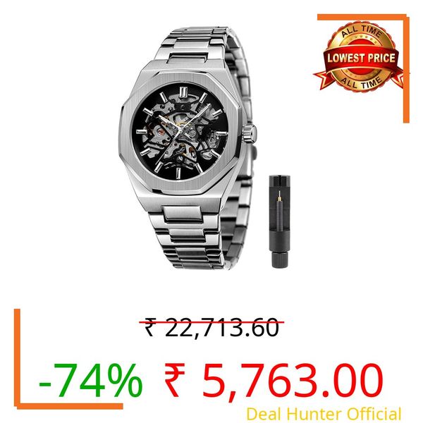 Tiong Mens Analog Watch Luxury Skeleton Mechanical Stainless Steel Waterproof Black Automatic Self-Winding Wrist Watches For Men, W1005-Sliver Black, Mechanical