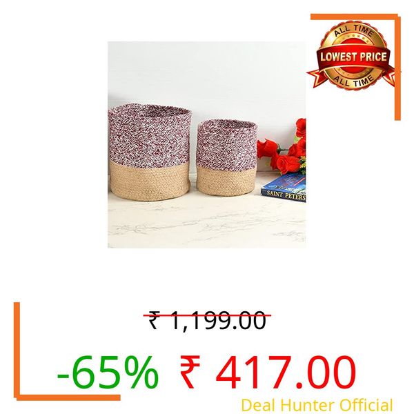 LaVichitra Braided Cotton Baskets | Storage Bins Organizer | Laundry, Toys & Planter Basket- Set of 2 (6, 8 Inch), Maroon