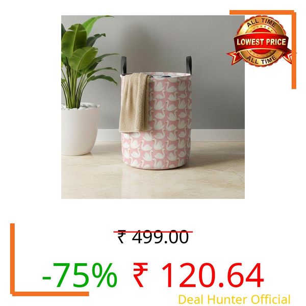 PrettyKrafts 45L Cotton Duck Printed Round Foldable Large Laundry Bag/Basket With Handle, Collapsible Freestanding Clothes Storage Organizer for Bedroom, Bathroom (36x36x45cm, Peach, Set of 1)