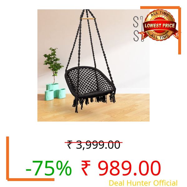 Curio Centre Make in India Premium D Shape Cotton Swing for Home & Balcony Hammock Chair with Hanging Accessories/Swing Chair Balcony/Swing Chair for Indoor for Outdoor (Black)