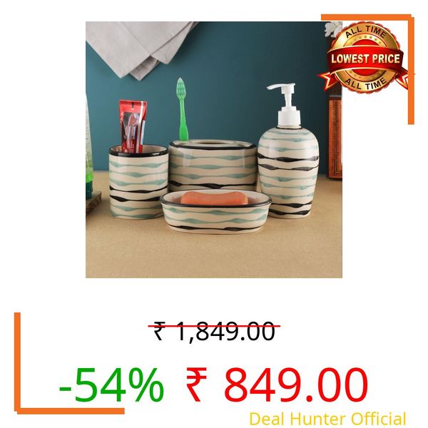 VarEesha Handmade Mugdha Off-White Ceramic 4 Piece Bathroom Accessories Set| Handwash Bottle for Bathroom | Liquid Dispenser for Kitchen | Shampoo Dispenser | Toothbrush Holder