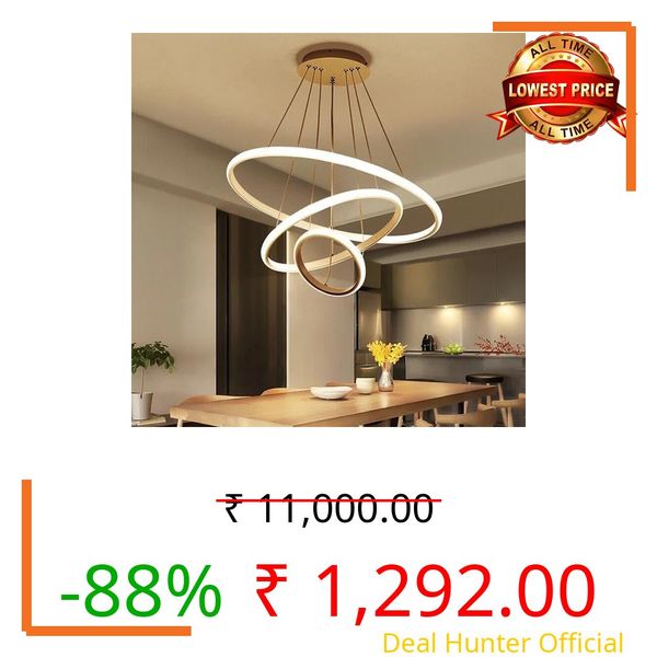 Modern LED 3 Ring Pendant Chandelier Light | Contemporary Hanging Ceiling Lamp | Warm White Decorative Lighting Fixture | Gold Finish | Ideal for Dining Room, Living Room, Kitchen Island & Hall