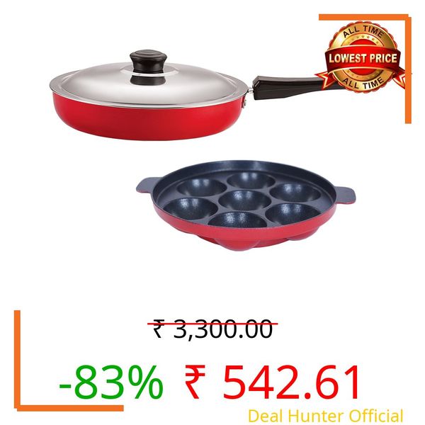 Nirlon Non-Stick Kitchen Cooking Utensil Item Set of 2 Pieces Including Fry Pan-3.2 LTR & Appam-7 Cavity (Color-Red)
