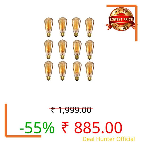 Desidiya Edison Tungsten Filament Antique Glass Light Bulbs Vintage Base E27 Bulb Yellow Light For Home Decoration Living Room/Hall/Balcony/Restaurant Bar Lighting Pack Of 12 Incandescent,60 Watts