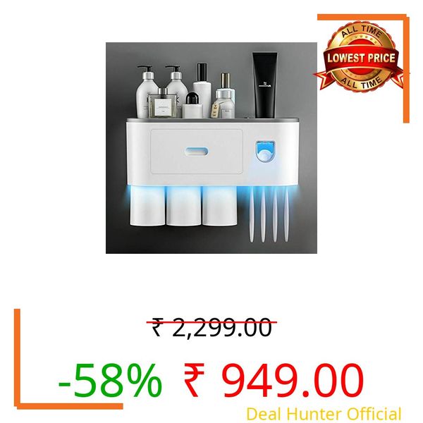 SKOFRI Toothbrush Holders for Bathrooms, 3 Cups Wall Mounted with Toothpaste Dispenser, Large Capacity Tray, Cosmetic Drawer and 4 Brush Slots with Cover Tooth Brush Holder Plastic, white