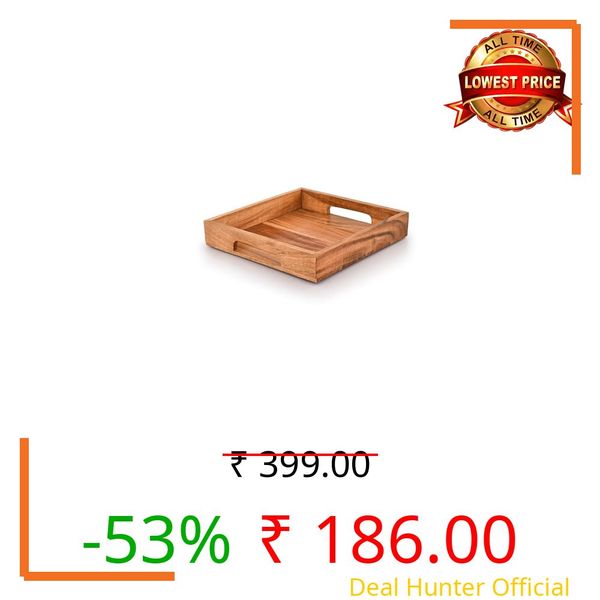Samhita Acacia Wood Serving Rectangular Tray With Handles,Wooden Serving Tray, Snack Tray, Breakfast Tray, Great For, Breakfast, Coffee |Size- 10" X 10" X 1.75"
