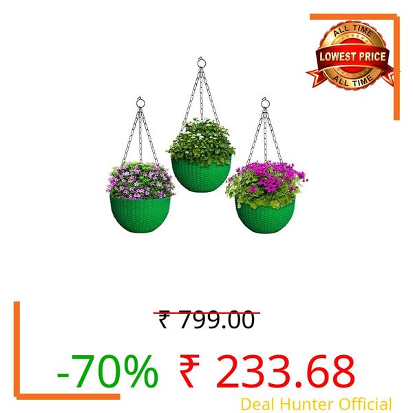 Kuber Industries Plastic Hanging Flower Pot for Balcony & Railing Set of 3 (Green)-18x18x59 cm
