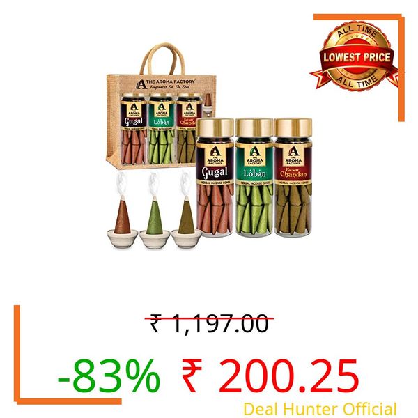 The Aroma Factory Organic Incense Cones (Gugal, Loban & Saffron Sandal) Zero Charcoal | No Bamboo | 100% Herbal Fragrance | Assorted Dhoop, 3x30 Cones with Holder