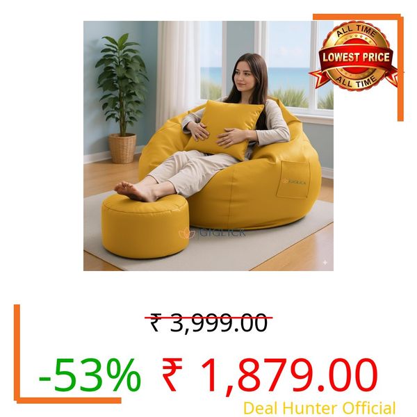 GIGLICK 4XL Bean Bag with Footrest and Cushion (Filled with Beans) | Ready to Use | Premium Leatherette | High-Density Beans Filled | Double Stitching | 6 Months Warranty Color- (Yellow)