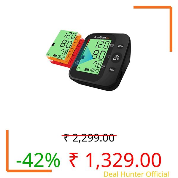 AccuSure AS05 Blood Pressure Monitor 3 Color Smart Display Technology & Adjustable Arm Cuff Fully Automatic Arm-Type Digital BP Monitor With Option For Micro Usb Port, Black
