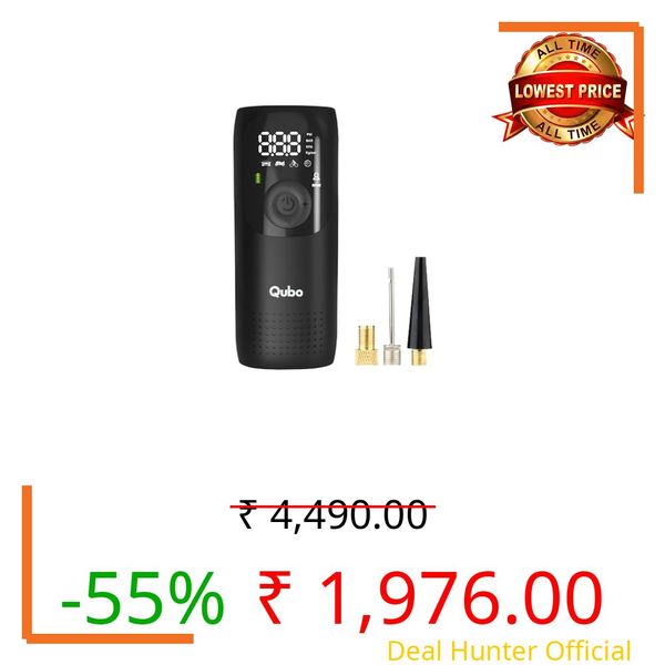 Qubo Digital Tyre Pressure Inflator by Hero Group | 5000 mAh Battery | 150 PSI | Type-C Charging | LED Light | Digital Display | 5 Air Fill Modes | Multiple Modes | Multiple Nozzles