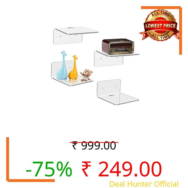 Bolidery 4 Pack Small Wall Shelf, 4 Acrylic Wall Shelves Display Ledges for Storage Decoration, Small Floating Shelf for Wall with 2 Types of Installation (Adhesive or Screw).