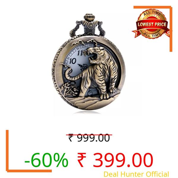 GT Gala Time Tiger Vintage Bronze Pocket- Analog Watch Antique Style Metallic Key Chain & Key Rings For Gifting For Unisex Adult, Dial_White, Band_Silver