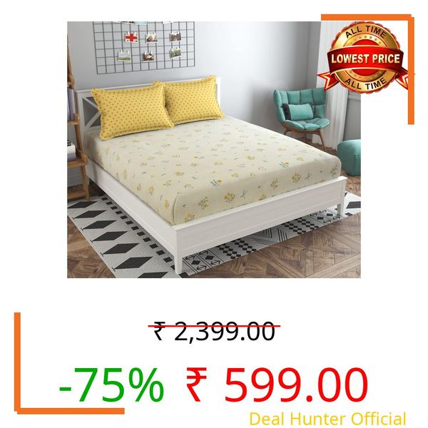 Mafatlal Plush 140 GSM Microfiber Double Bedsheet for Queen Size Bed | Yellow | 90 x 100 Inches | Multicolor Design with 2 Pillow Covers | Soft, Breathable & Fade Resistant