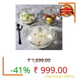 Felox Microwave Oven Safe Solid Glass Serving Bowl | Toughen Borosilicate Glass Casserole with Glass Lid (1000 ML | Set of 3, Transparent)