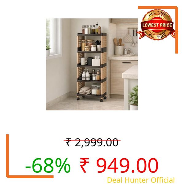 Morbrix 5 Layer Multipurpose Kitchen Trolley with Wheels, Space Saving Home Storage Organizer Rack Vegetable Trolley Rack Stand for Home, Offic (Brown & Ivory)