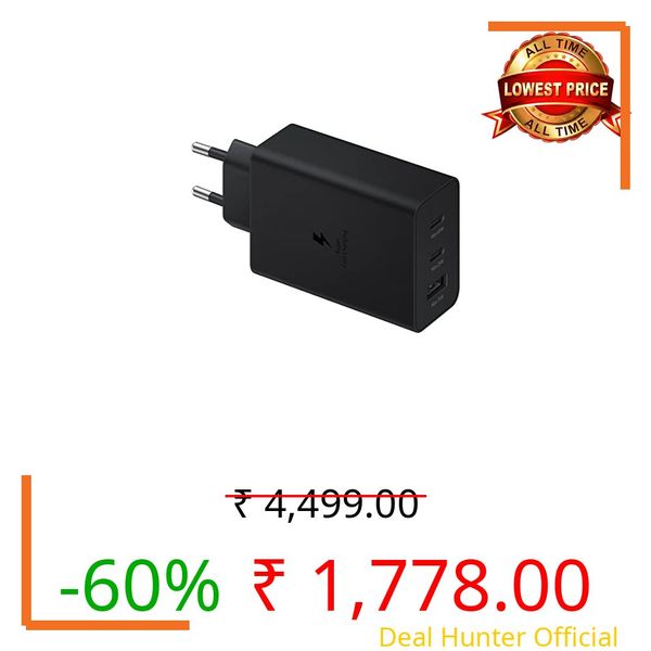 Samsung Original 65W Tri Port,Type-C & USB-A,Super Fast Charger (Cable not Included),Black,Tablet