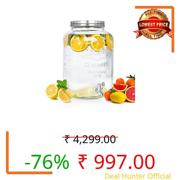 ABOUT SPACE 8 Litre Glass Juice Dispenser - Water Pitcher for Detox Water - Mason Jar - Counter Table Top Infused Water & Beer Dispenser - Airtight Lid Pitcher for Home & Kitchen Glassware, Restaurant