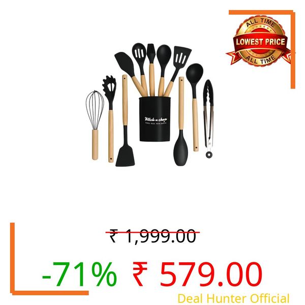 Klick n shop Silicone Kitchen Spatula and Utensils Spoon Set Cooking + Baking Set- 12 Pcs Non-Stick with Wooden Handle-BPA Free, Heat Resistant Item, Flexible Non Toxic Silicon Cookware Tools (Black)