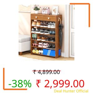 Lukzer 5-Tier Shoe Rack with Storage Drawers | SR-001/Oak Brown | Engineered Wood Shoe Stand & Organizer | Freestanding Entryway Footware Shelf for Home, Hallway, Bedroom | DIY Assembly - 92x21x70 cm