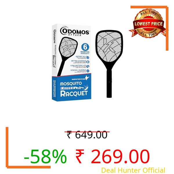 Odomos Attack Anti - Mosquito Rechargeable Racquet | 400mAH Battery | Large Net Area for Better Coverage | Long Lasting Internal Battery with Plug in Socket | 6 Months Warranty (Black)