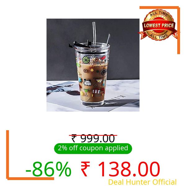 FOMQUAZLI Glass Tumbler with Lid and Silicon Straw 400ML Coffee Tea Milk Mug for Home Office and Traveling Espresso Chocolate Beverage Mocha Cappuccino Shake Juice Printed Mug