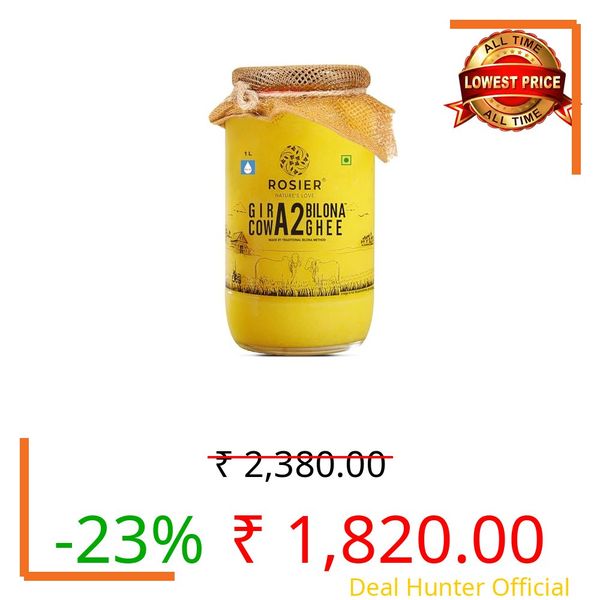 ROSIER A2 Gir Cow Ghee (1 litre) | Traditional Bilona Method A2 Gir Cow Ghee | Grassfed, Pure and Healthy Desi Cow Ghee (Glass Bottle - 1000 ML)