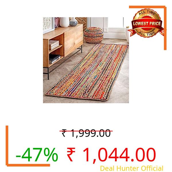 Bucket fly Jute chindi Natural Fibers Floor/Door Mat Rug Furnish Décor Striped Rectangular Design Carpet for Living Room Kitchen Entryway Rug(chindijute 2x6 feet)
