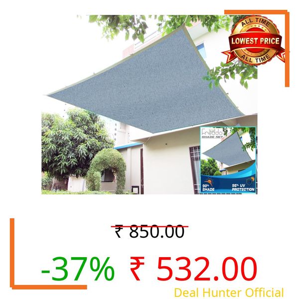 FREDDO HDPE Fabric Cotton Webbing Sun Shade Sails 90% Protection from Sun & UV Rays Ideal for Car Parking, Outdoor Garden, Balcony, Patio, Grey Color, 10 ft x 6 ft, Pack of 1 Piece