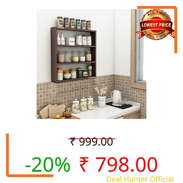 Wooden Cave Wooden Wall Mounted Rack, Organizer, Wall Shelf for Kitchen Storage Boxes, (Number of Shelves - 5, Brown), Wooden Shelves