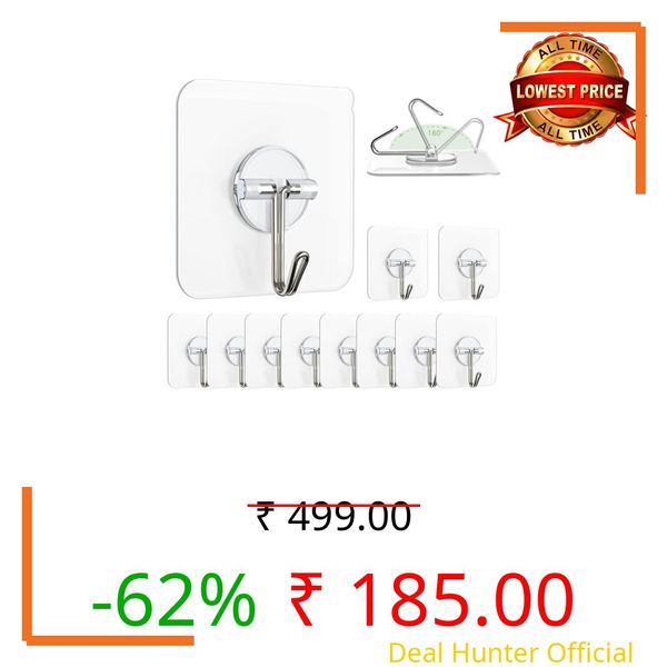 Zulaxy Hanging Hooks Without Drilling, 10 Pack Self Adhesive Hooks for Wall Heavy Duty Strong Nail Free, Kitchen Accessories Items (Hanging Hook, Transparent) Stainless Steel
