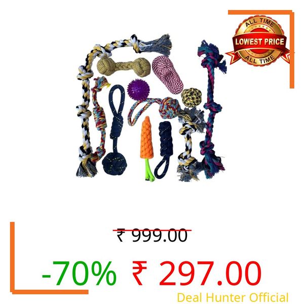 WAGGY TAILS Dog & Puppy Mega Toy Set - Pack of 12, Chew, Rope, Teething, Washable Cotton Tug Toys for Small to Medium Dogs