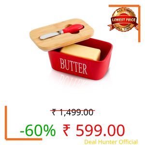 Hasense Porcelain Butter Dish with Bamboo Lid - Covered Butter Dish with Butter Knife for Countertop, Airtight Butter Container with Cover Perfect for East West Coast Butter, Red