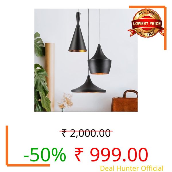 DarkVision Cluster of 3 Hanging Lights for Living Room, Hanging Lamps for Bedroom, Kitchen, Restaurant, Indoor Outdoor or Home Decoration, Metal Black (Cone, Tulip, Dholak Set, with Bulb)