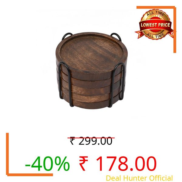 SAMHITA Mango Wood Coasters for Drinks with Iron Holder Stand Set of 5 for Drinking Glasses, Tabletop Protection for Any Table Type