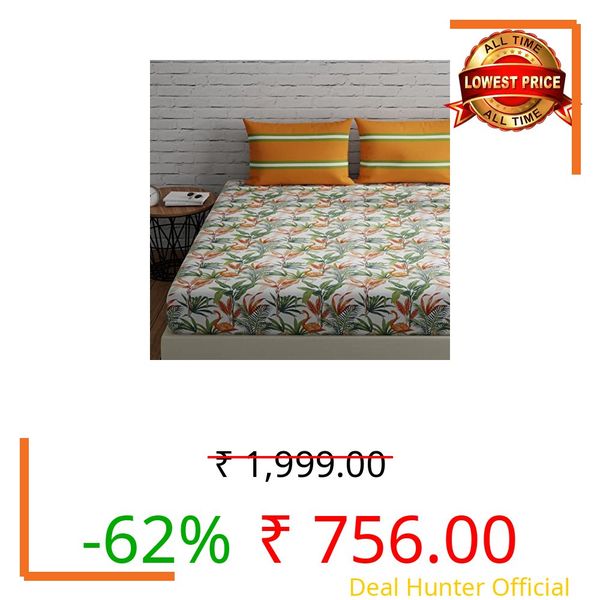 Huesland by Ahmedabad Cotton 144 TC Bedsheet for Double Bed King Size Cotton with 2 Pillow Covers | 108 by 108 inch | Flamingos & Stripes Orange & Green