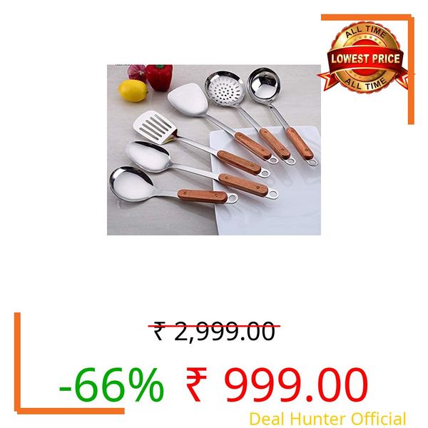 Naidev 6 Piece Kitchen Cooking Stainless Steel Utensils Set Wooden Handle Cooking Tools Gadgets Spatula Set with Hook,Shovel,Slotted Turner,Slotted Skimmer,Ladle,Rice Spoon and Cooking Spoon