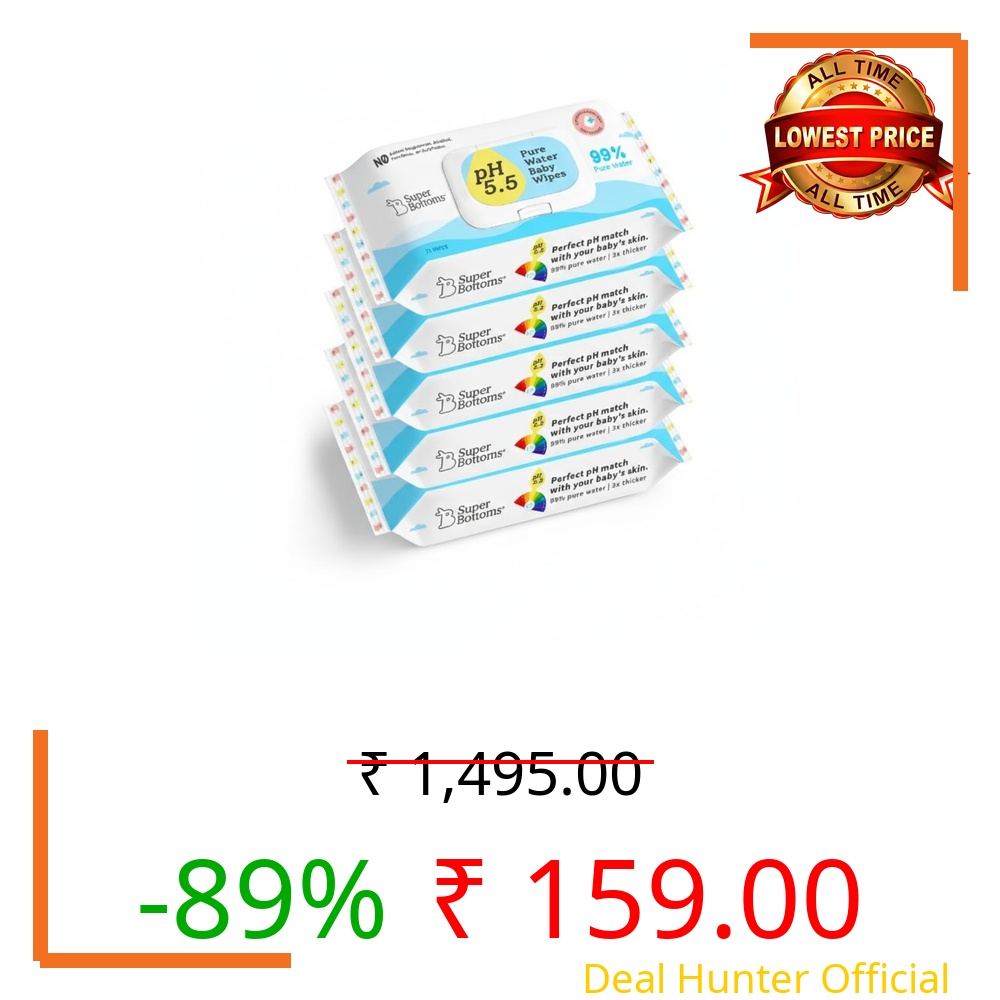 SuperBottoms 99% Pure Water Baby Wet Wipes - Skin-Friendly 5.5 pH Formula - Gentle & Biodegradable Wet Wipes for Baby - Dermatologically Tested - Thick & Durable (Pack of 5, 360 pcs)