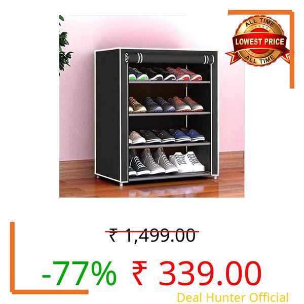 SANSIM Multipurpose 4-Tiers Shoe Rack with Dustproof Zip Cover, Multiuse Wide Space Storage Rack Made by Non Woven Fabric for Footwear, Toys, Clothes (4 Shelves) (Black), Plastic Non Woven