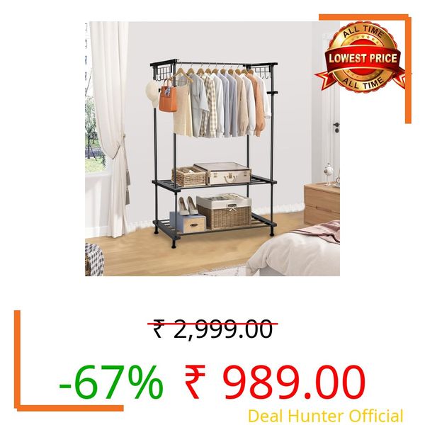 LEOPAX Metal Clothes Garment Stand, Coat Rack with Bottom Shelf, Freestanding Coat Hanger Open Wardrobe Closet Storage Organizer, Garment Rack with 2 Shelves & 10 Side Hook-Black (82 x 30 x 142 CM)