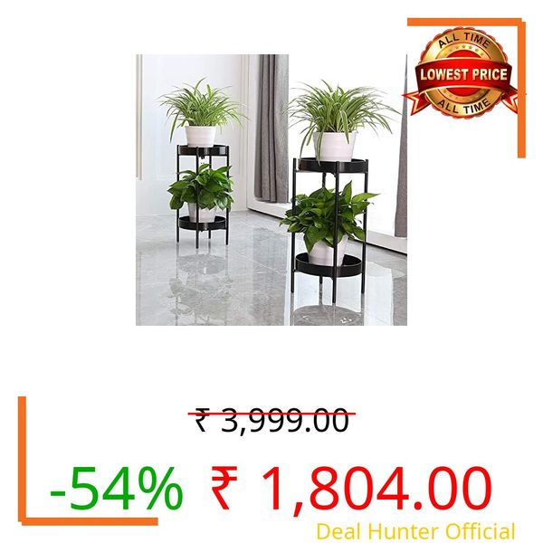 Onlinecollection Modern 2-Tier Metal Plant Stand for Indoor & Outdoor Use Sturdy Round Flower Pot Holder for Living Room Kitchen or Balcony Stylish Plant Display Rack for Home Décor Pack Of 4 (Black)