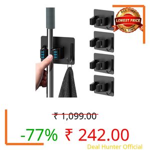 Boniry Adhesive Mop Holder and Broom Holder Wall Mounted Steel | Broom Stick Holder Wall Mounted for Home No Drilling (4, Black)