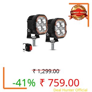FABTEC 4 Led Mini Drive Fog Light Projector Light with White/Yellow + Flasher Led DRL Pods Light wtih Devil Red Eye for Cars, Bikes, Scooty, Metal Body, Set of 2 Pcs