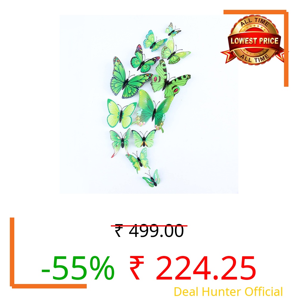 JAAMSO ROYALS 12pcs 3Dbutterfly Stickers for Walls, Decoration Items, Butterflies Stickers, Butterfly Wall Decor, for Wall Decoration (Flora Green, Pack of 12)