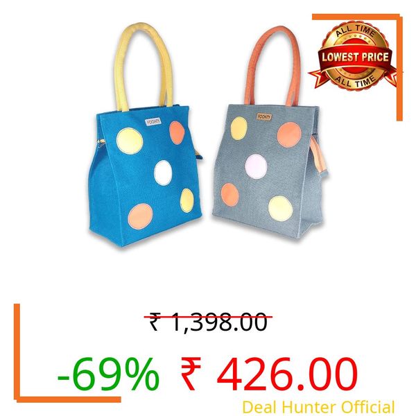 FOONTY Polka Popup Style Jute Lunch Bag Men and Women(Pack of 2,Turquoise,Grey,FSSS1901E)