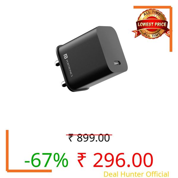 Portronics Adapto 20C Type C 20w Adapter for iPhone 14/14 Plus/ 14 Pro/ 14 Pro Max, iPhone 13/13 Pro/13 Pro Max/13 Mini, 12/12 Mini/ 12 Pro Max, iPhone 11 Series with PD 3.0, (Black)