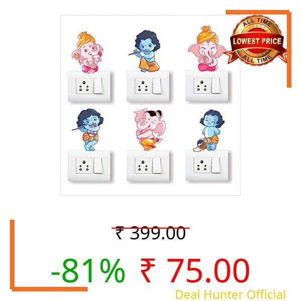 Ghar Kraft PVC Vinyl Multicolour Cute Cartoon Ganesha and Krishna Switch Board Wall Sticker for Kids & Home | Self-Adhesive Decorative Bedroom, Kitchen, Office & Study Room