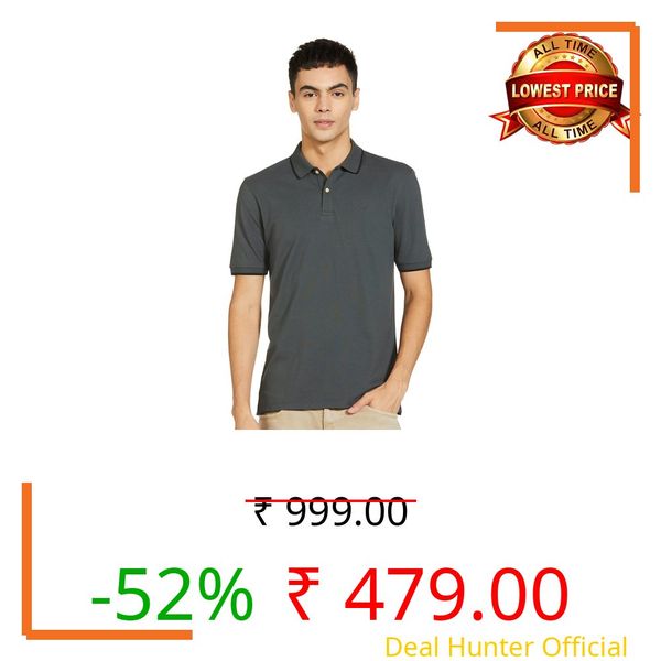 Peter England Men's Snug Fit Solid Polo T-Shirt with Coloured Collar Tipping| Cotton Rich| Premium Pique Weave Medium Grey
