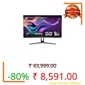 Zebronics 27 inch Curved (1500R) 165Hz Gaming Monitor with FHD 1080p, 1ms MPRT, HDR10, Free sync support, HDMI, DP, 300 Nits max, 16.7M colors, Built-in speakers and Bezel less design ZEB-S27B