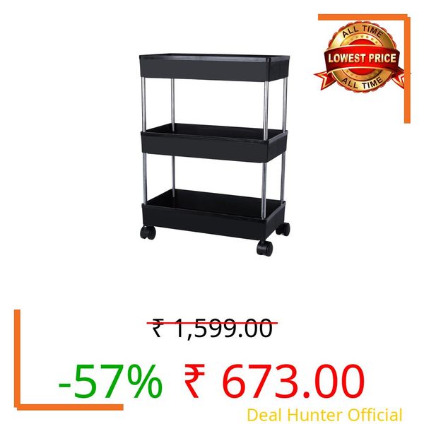 AEXONIZ TOYS Plastic Kitchen Storage Trolley Rack with Wheels, Slide Out Rolling Utility Cart Storage Shelves, Space Saving Home Storage Organizer Racks (Black, 3 Layer)